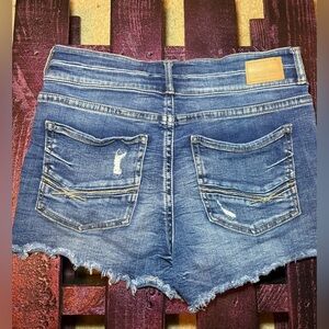 BKE “Gabby” Blue Jean Shorts with Distressed Raw Hem- curvy fit